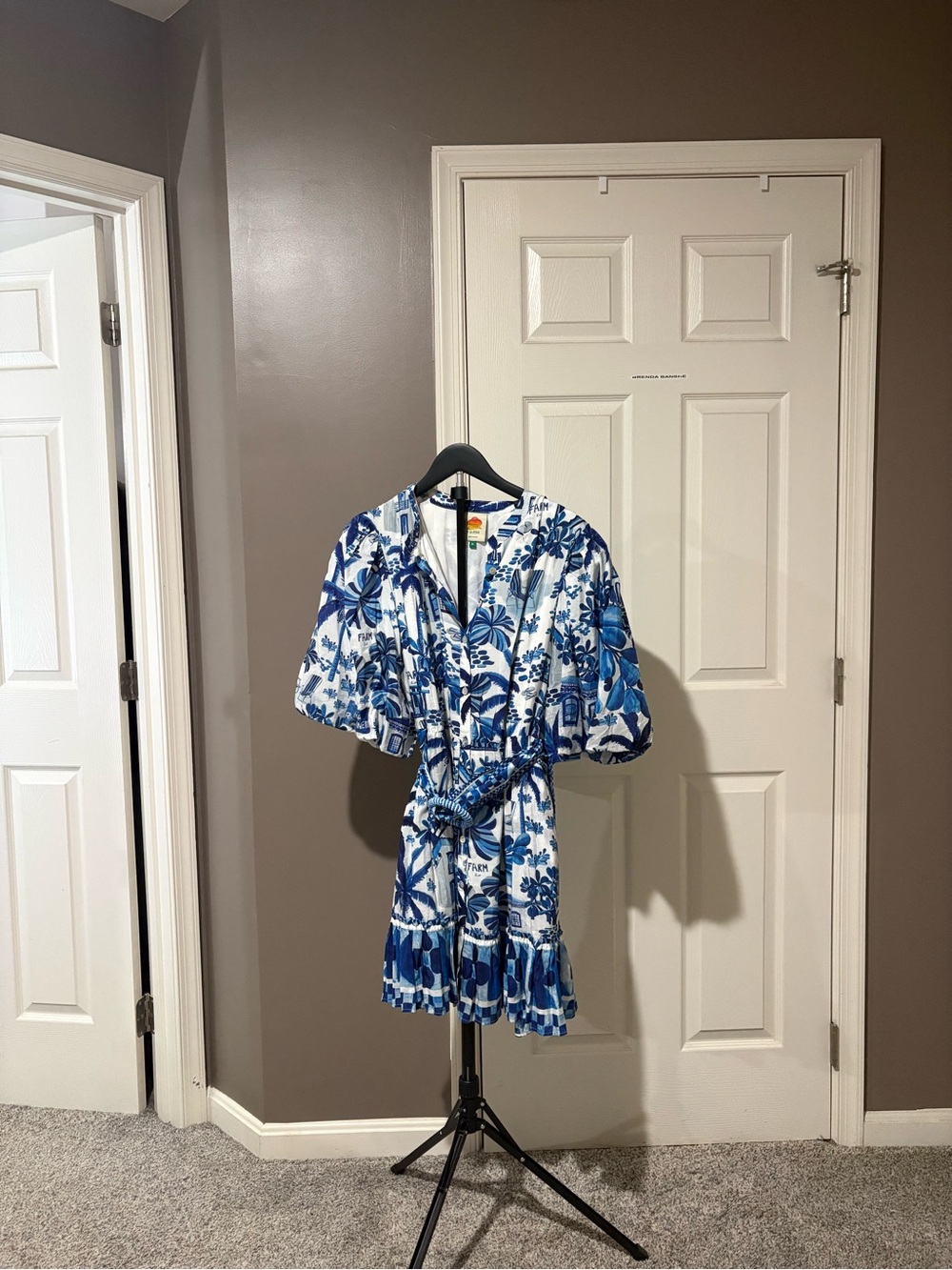 FARM Rio Sweet Rio Blue White Puff Sleeve Belted Mini Dress XL